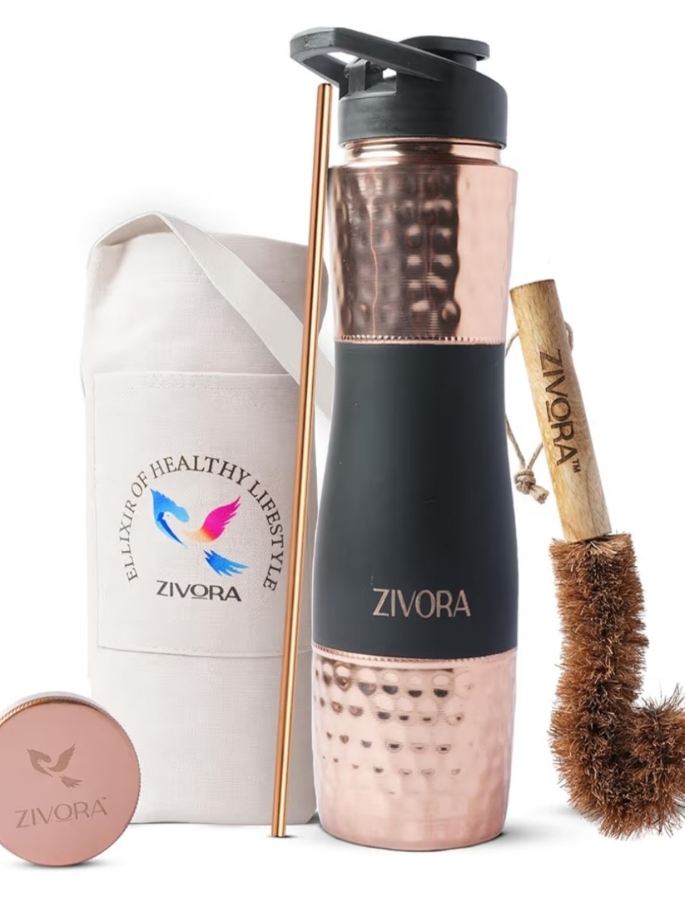 Hammered Copper & Black Insulated Water Bottle - Rose Gold Trim